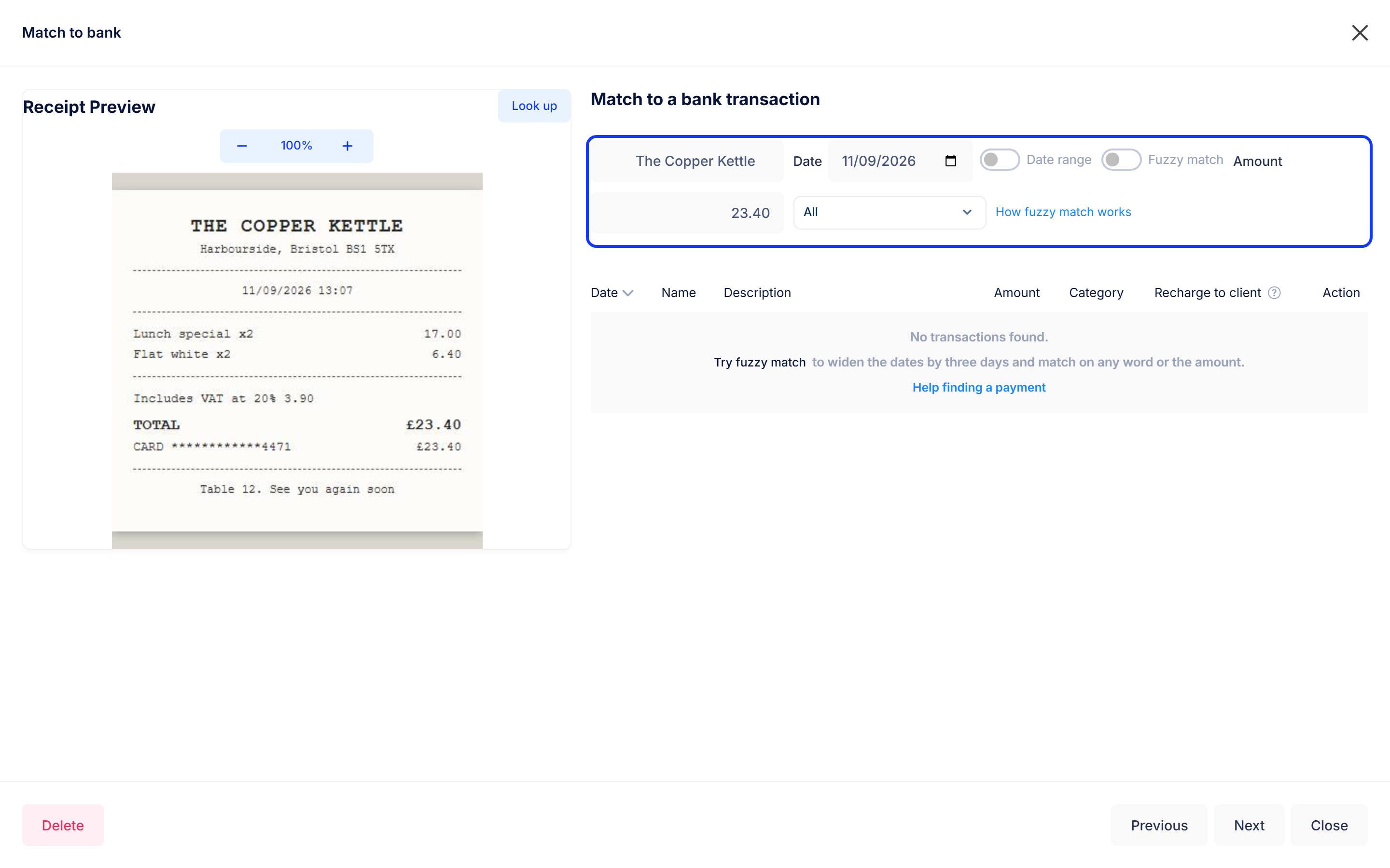 The Match to bank search with Search, Date and Amount already filled in from the receipt