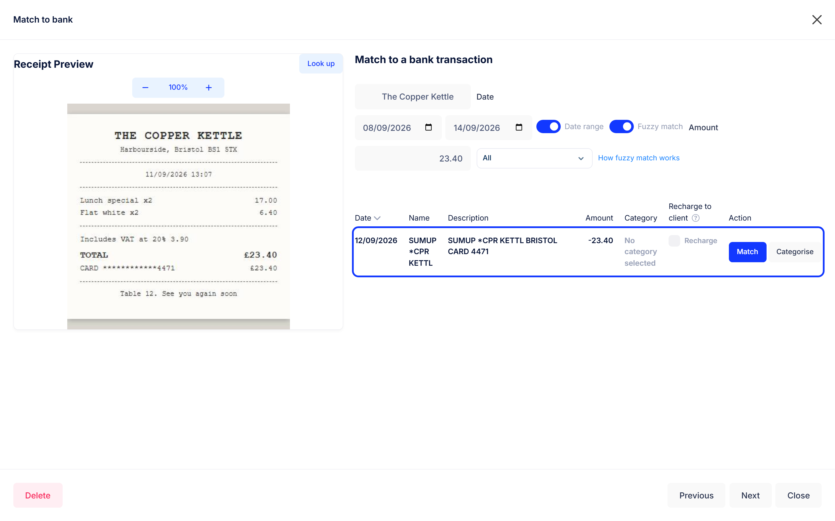 Fuzzy match showing a payment with a shortened bank name that was found because the amount is the same