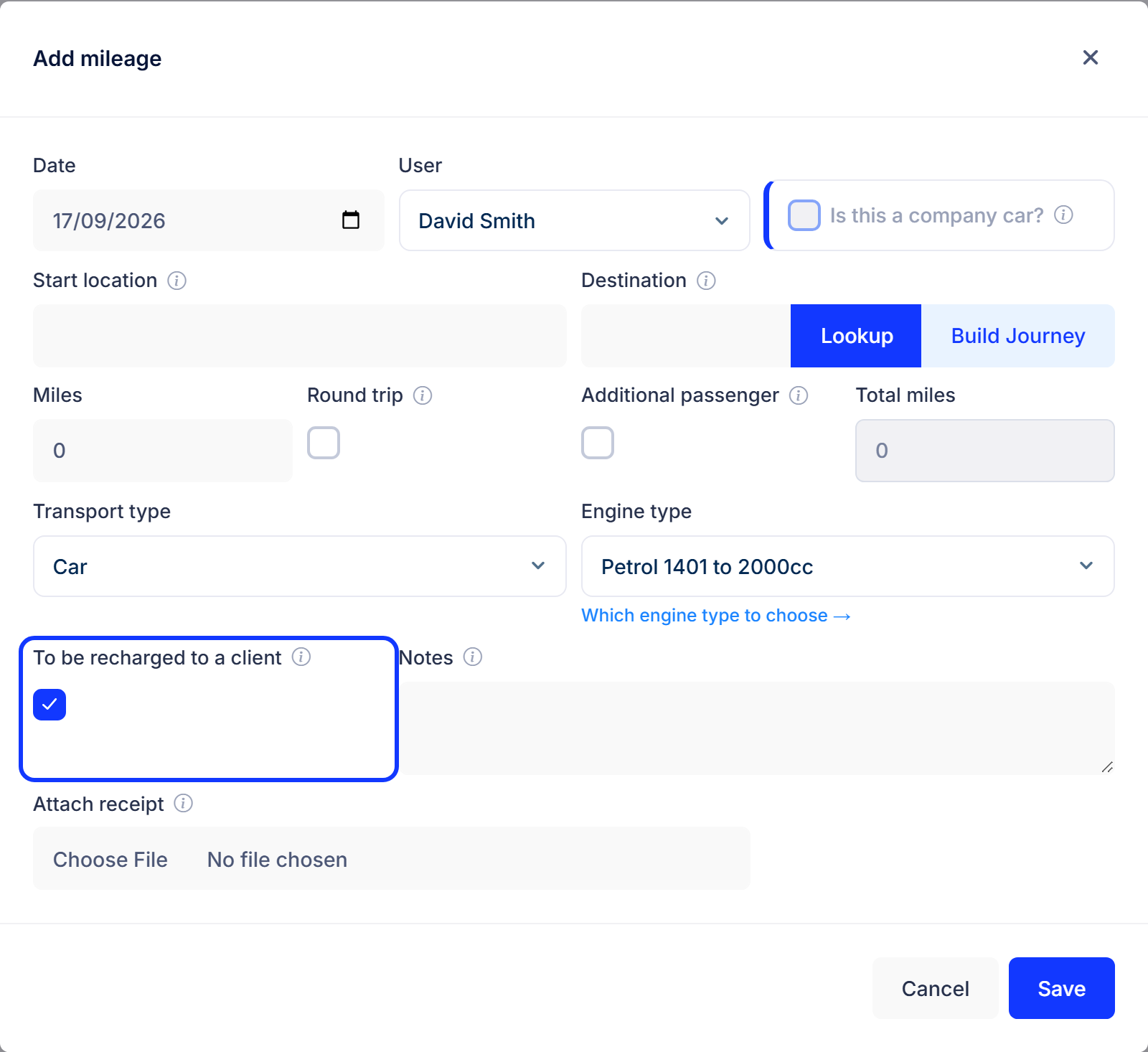 The Add mileage form with the To be recharged to a client box ticked and highlighted