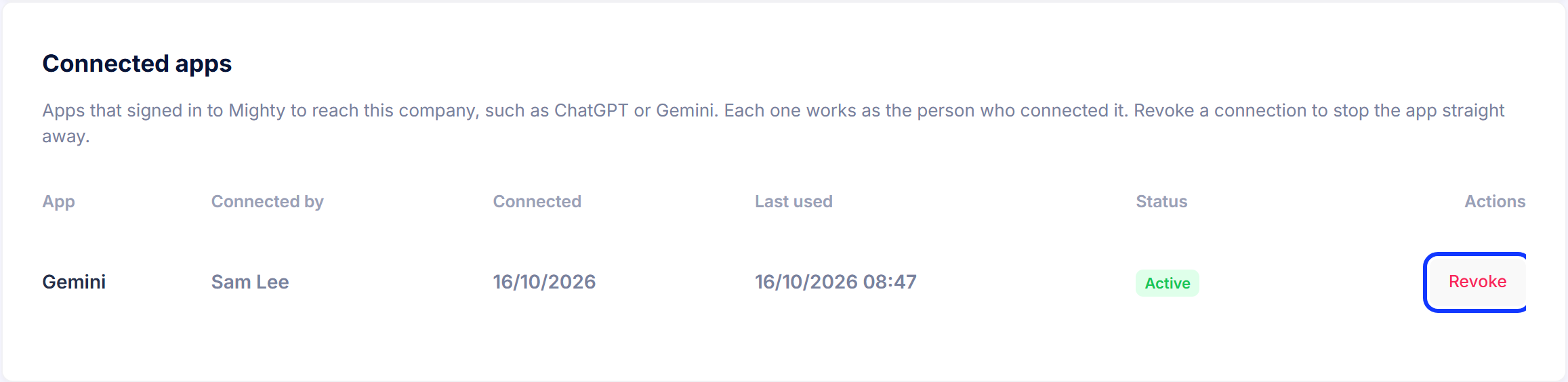 The Connected apps list with the Revoke button highlighted next to Gemini