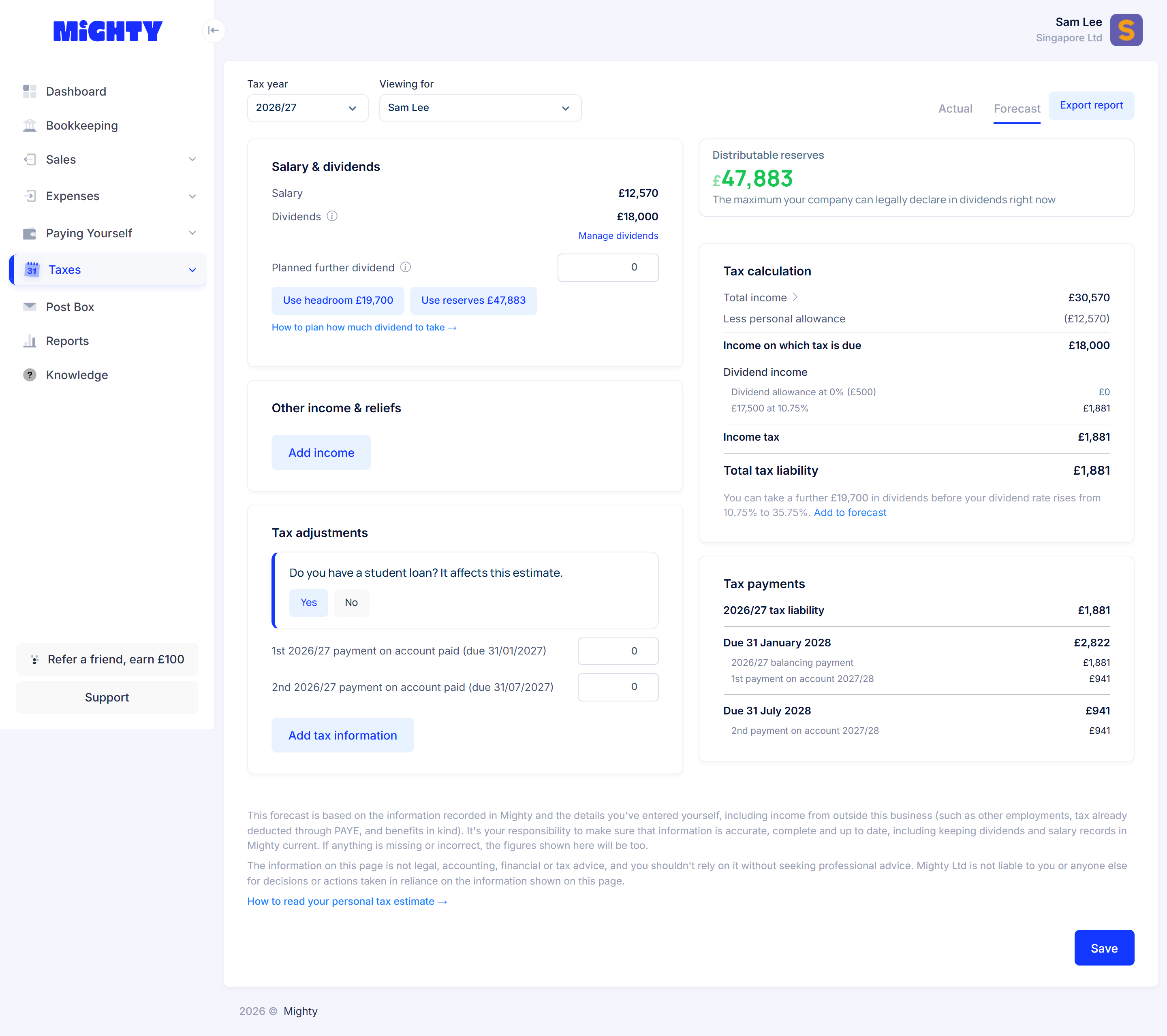 The Personal Tax page: your income on the left, the tax calculation and payment dates on the right
