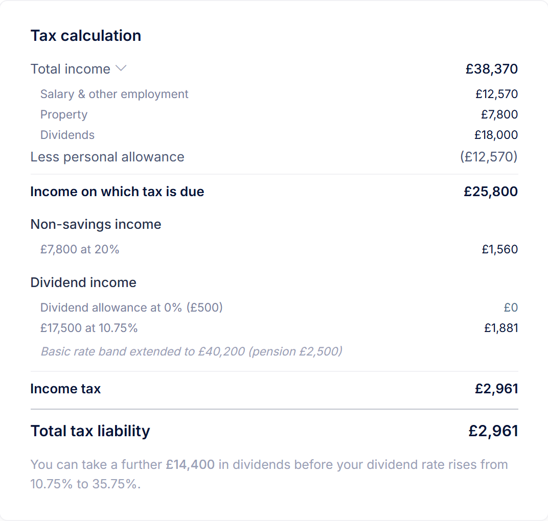 The Tax calculation card, with Total income opened to show each source of income