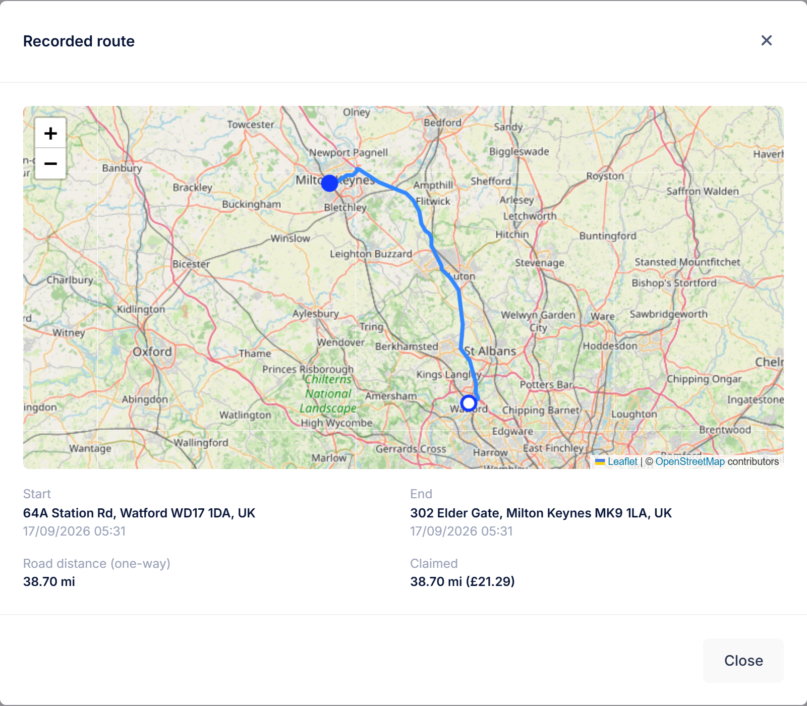 The Recorded route window, showing the journey on a map with the start, end, distance and amount claimed