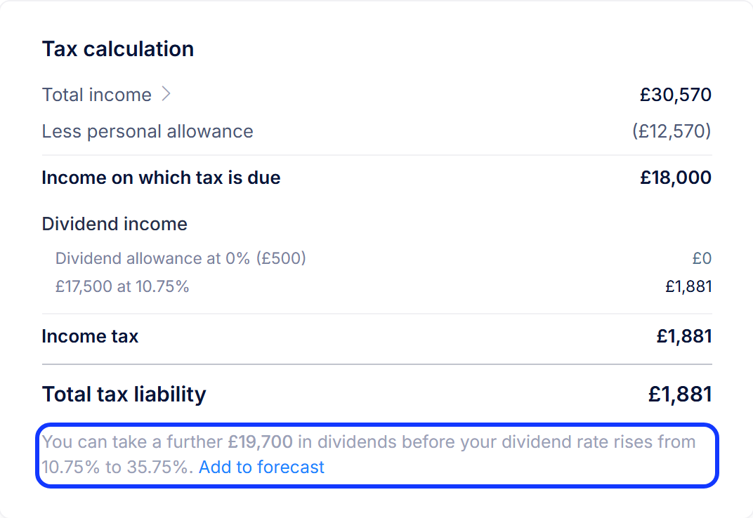 The Tax calculation card, with the sentence under Total tax liability showing how much more you can take in dividends