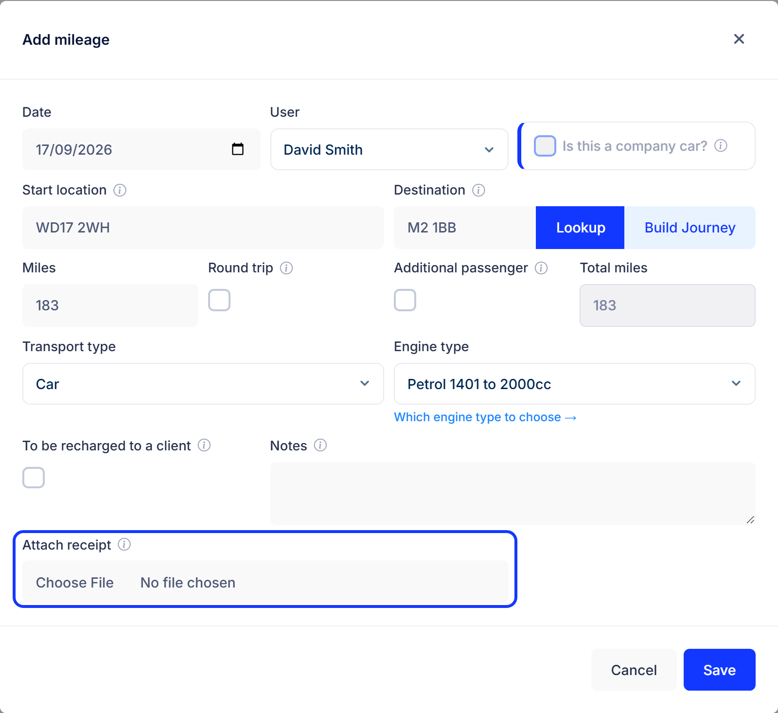 The Add mileage form with the Attach receipt field highlighted