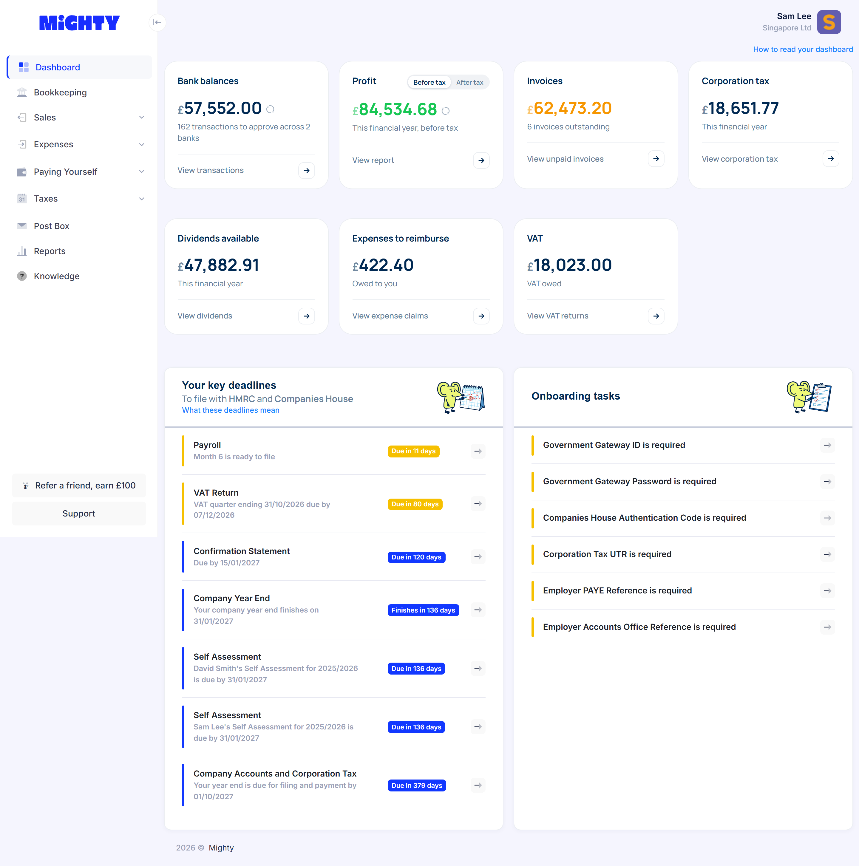 The dashboard, with a row of figures at the top, Your key deadlines on the left and Onboarding tasks on the right