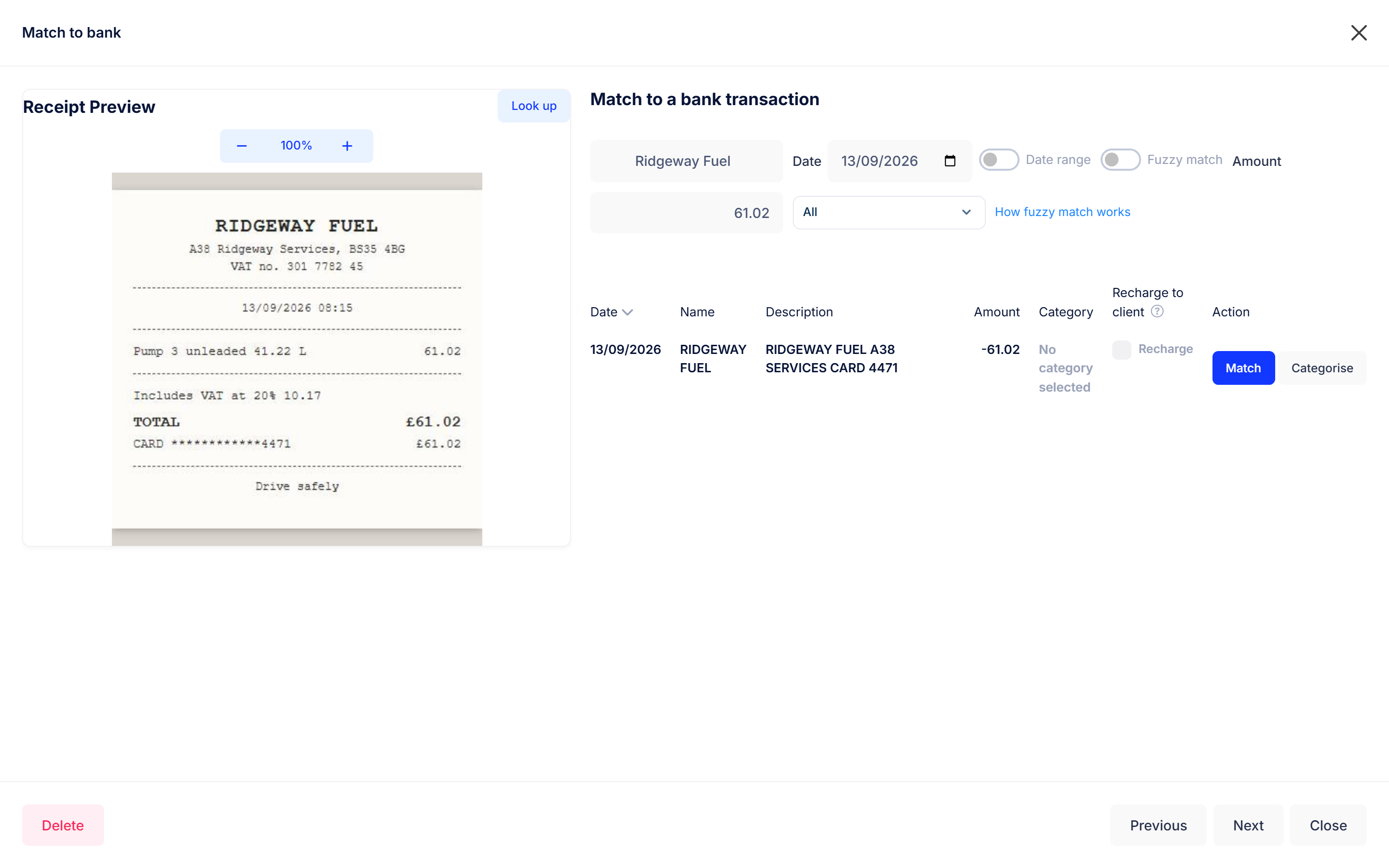 The Match to bank screen, with the receipt on the left and a bank search already filled in with the supplier, date and amount