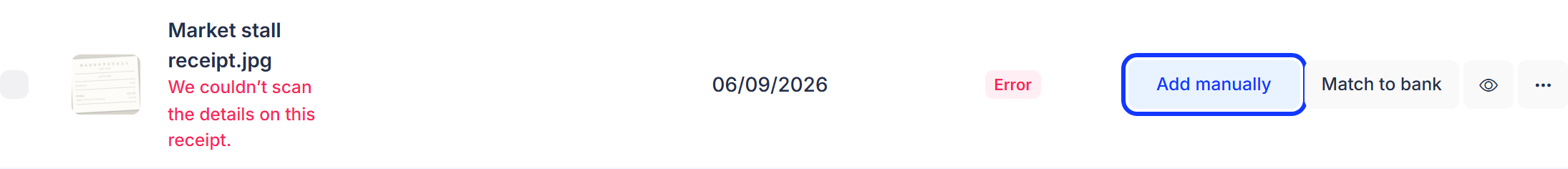 A Post Box receipt with the Error status and an Add manually button